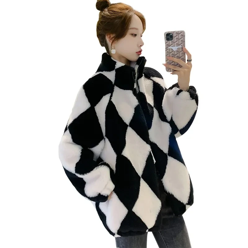 

Ling-shaped grid Print Plush Jacket Women Winter Korean Long Sleeve Stand-up collar Cotton Coat Thick Warm A821