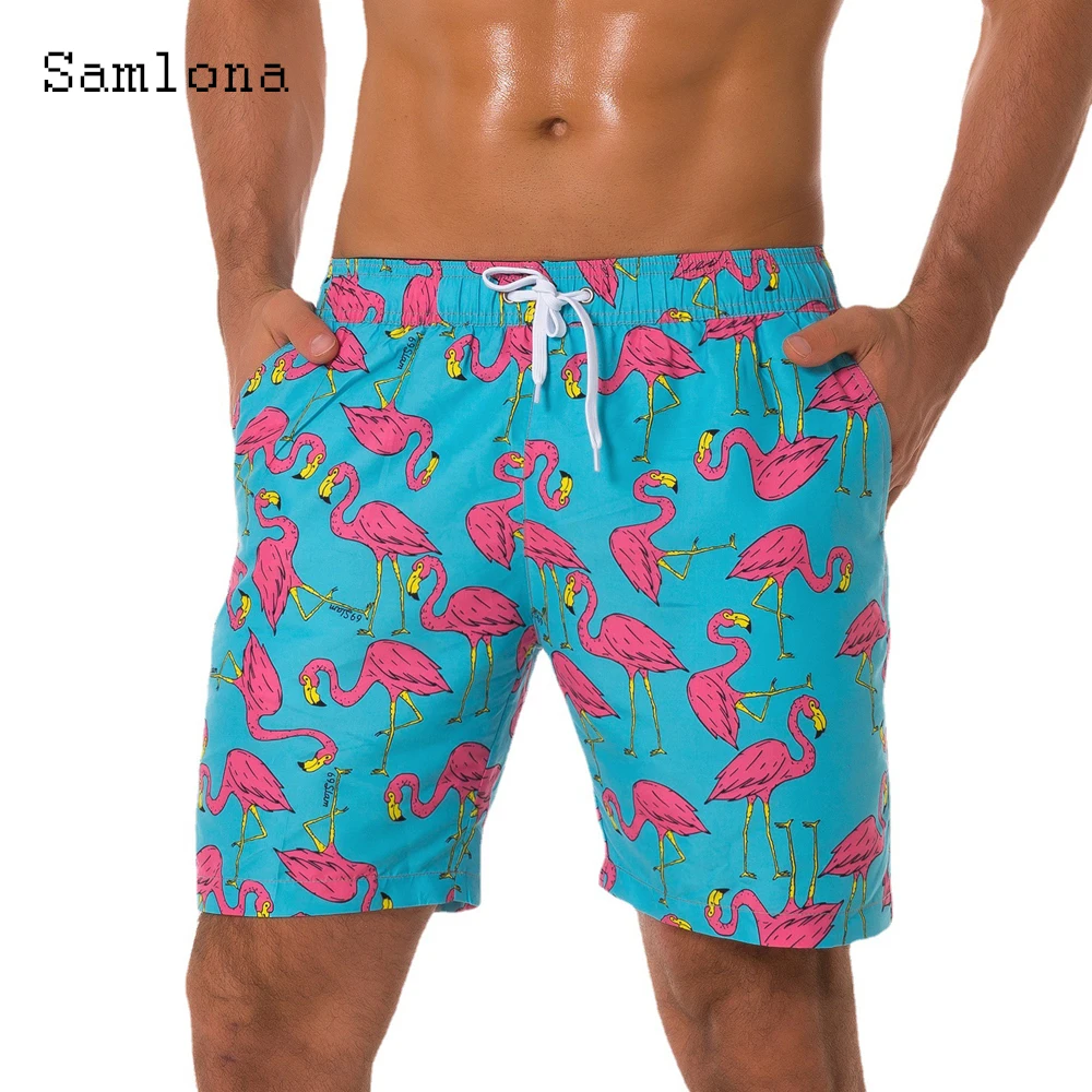 Samlona Plus size Men Leisure Flamingo Print Shorts 2024 Summer New Sexy Pockets Drawstring Shorts Male Casual Beach Short Pants