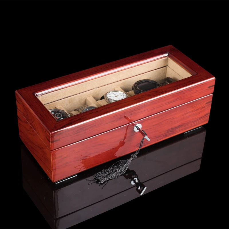 5 Slots Wood Watch Case Storage Box Red Watch Box Organizer With Lock Wooden Watch Display Jewelry Gift Box