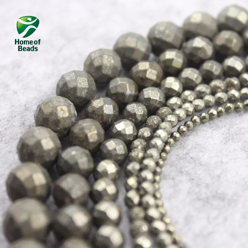 Natural Stone Iron Pyrite Faceted Round Loose Beads 2 3 4 6 8 10 MM Sizes (Sell By Strand) HTK1003