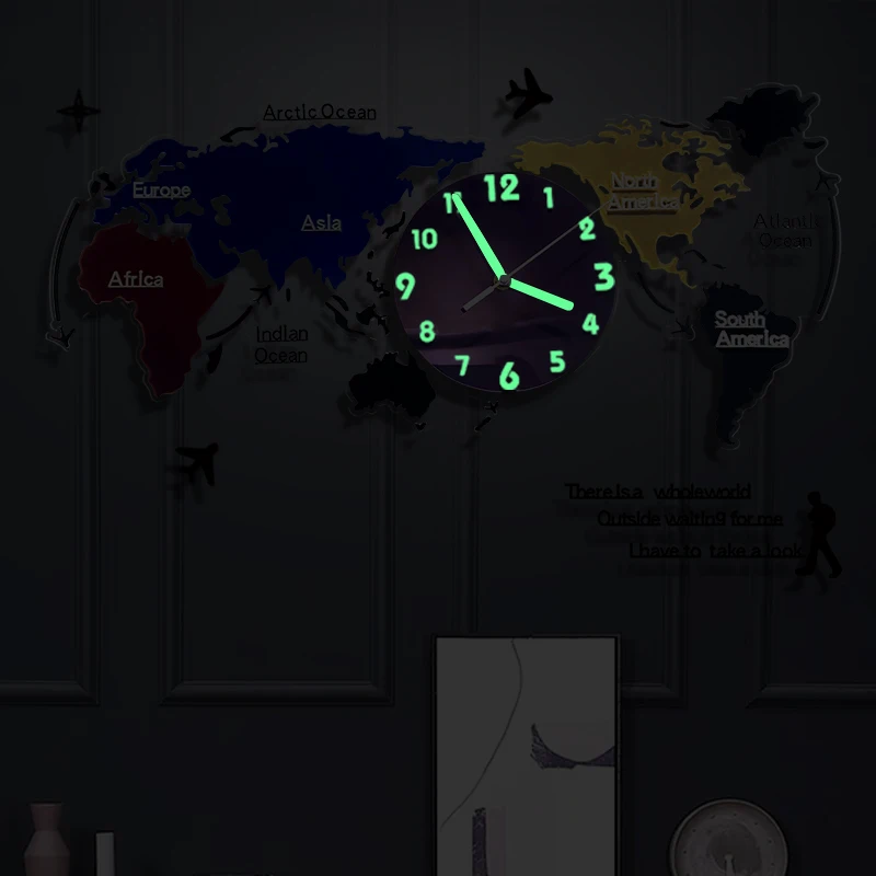 Large Decorative Wall Clock Sticker Frameless World Map Wall Clock with Silent Movement Modern DIY Decoration for Home