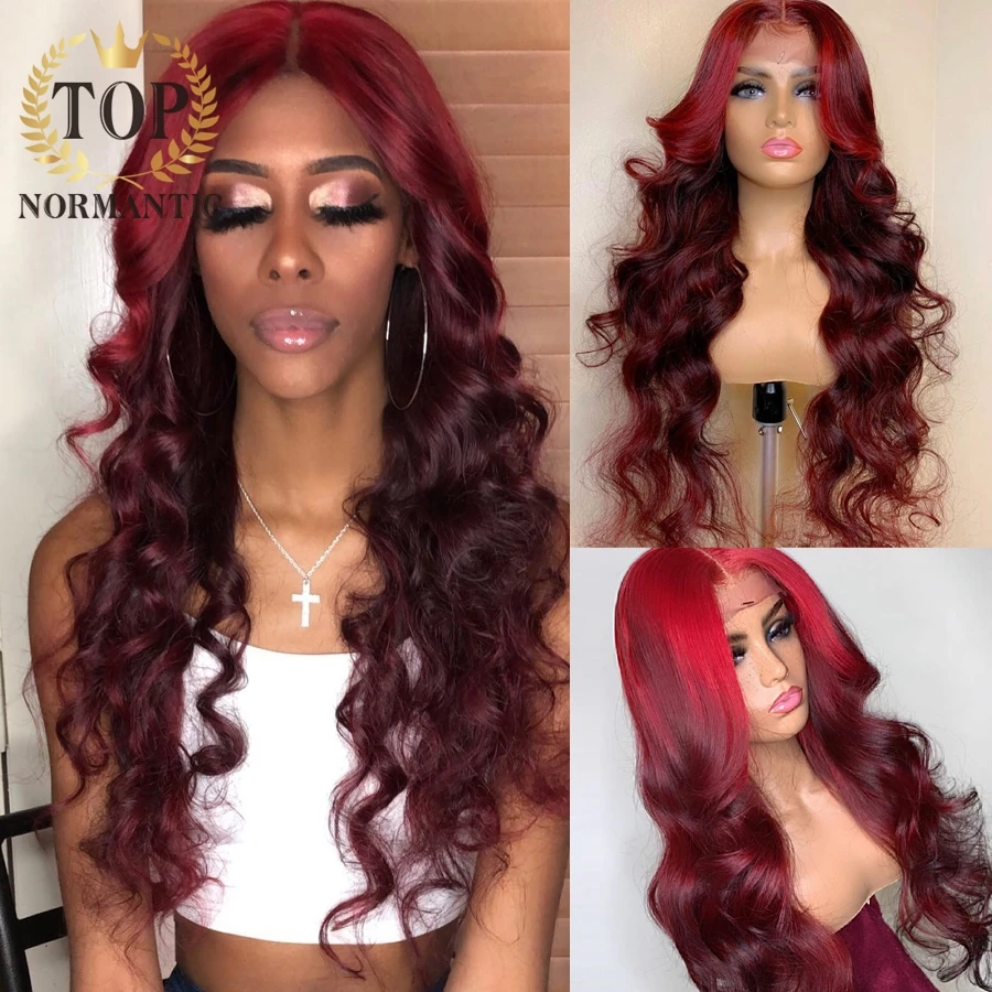 Topnormantic 13x4 Lace Front Remy Indian Human Hair Wigs with Baby Hair Highlight Red Burgundy Color Loose Wave Wigs For Women