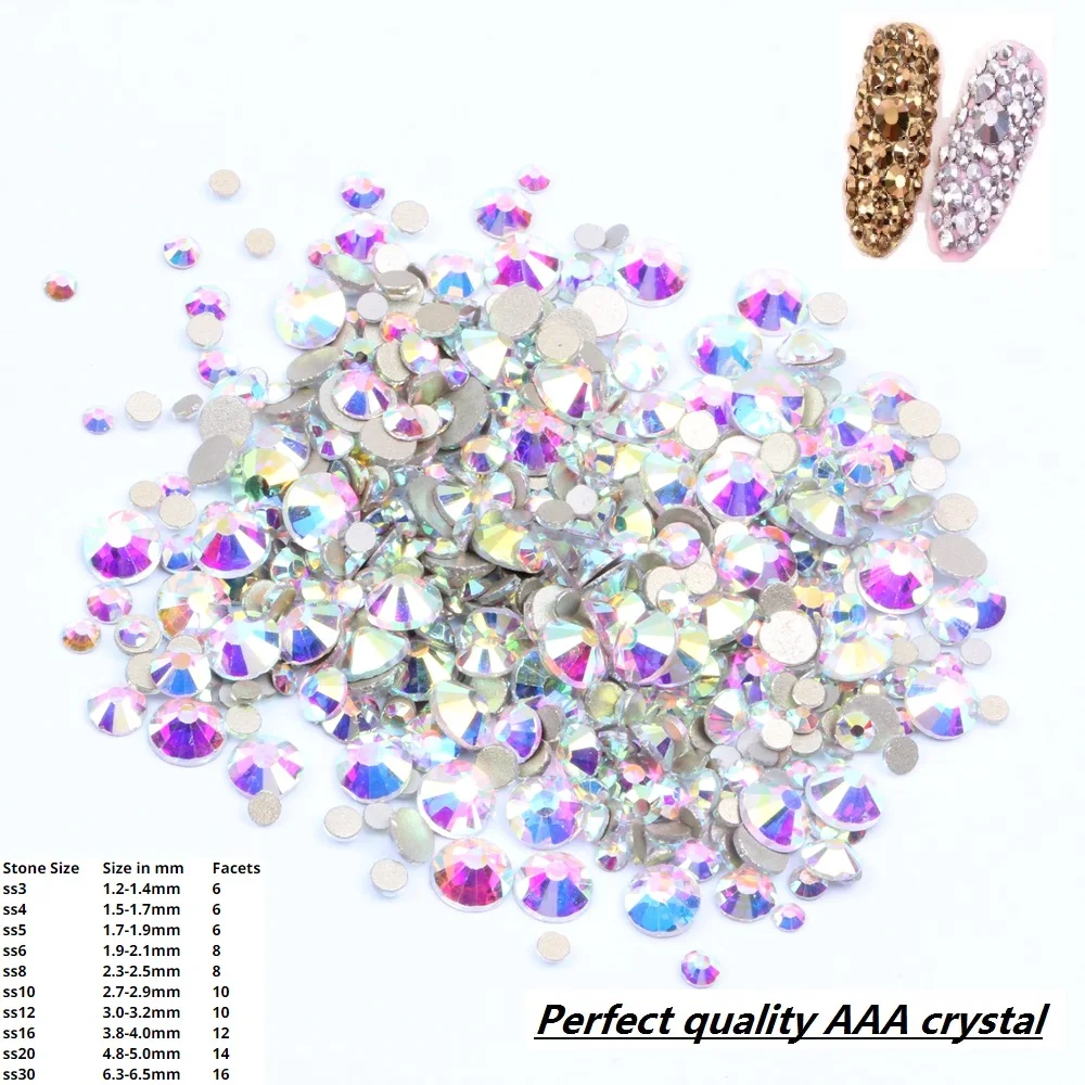 Nail Art Rhinestone SS3-SS30 Flatback Glass Rhinestones for Nails Stones Gold Foiled DIY 3D Nail Decorations