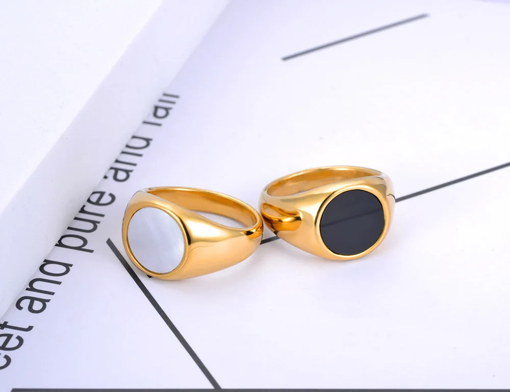JeeMango Trendy Titanium Stainless Steel Fine Brand White Shell Rings Bridal Wedding Engagement Ring Jewelry For Women JR20069