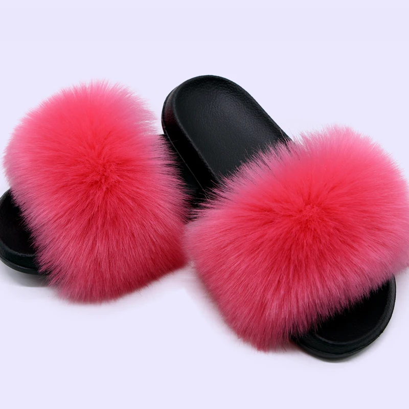 Women\'s Summer Faux Fur Fox Fur Slippers Fashion Luxury Indoor and Outdoor Non-Slip Solid Color Flat Bottom Furry  Sandals