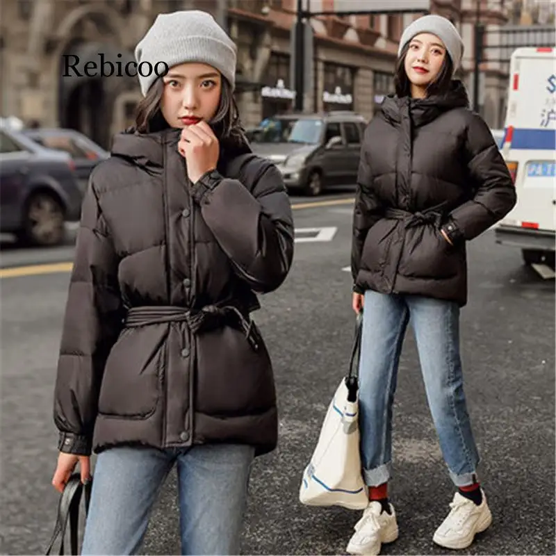 New Winter Women Jackets Fashion OL Parka Hooded Winter Jacket With Belt Loose Coat Women Button Down Jacket Ladies