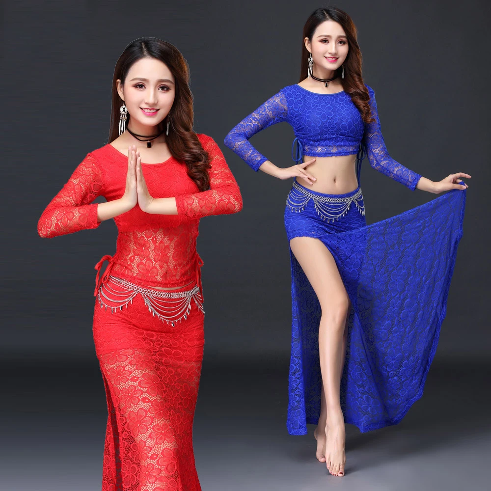 

New Belly Dance Costume Female Elegant Goddess Oriental Dance Training Suit For Women Bellydance Clothing Lace Top Skirt DN9427