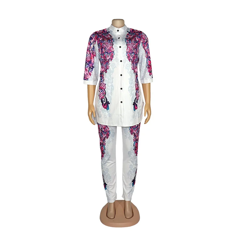 Женский комплект pyama, белая рубашка с рукавом 3/4 и пуговицами на пуговицах + спортивные брюки, популярный комплект для отдыха с принтом, Африканский Женский комплект