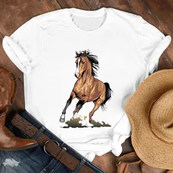 Camiseta con estampado de caballo para mujer, ropa básica con cuello redondo, blanca, de verano, 2021