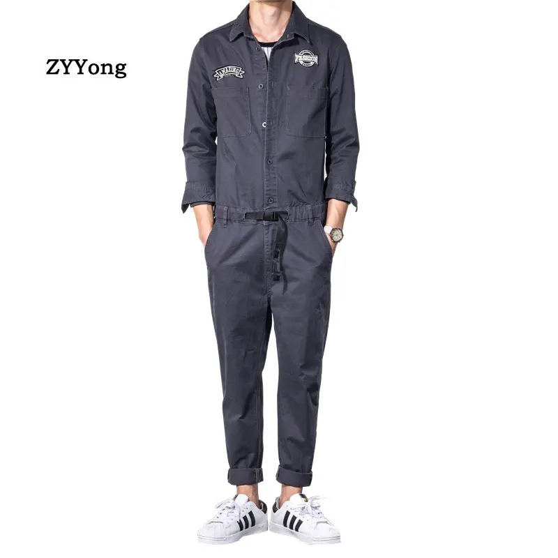 2021 Overalls Men's Jumpsuits Dark Gray Pants Lapel Long Sleeve Cotton Slim Casual Elastic Waist Patches Design Stree Trousers