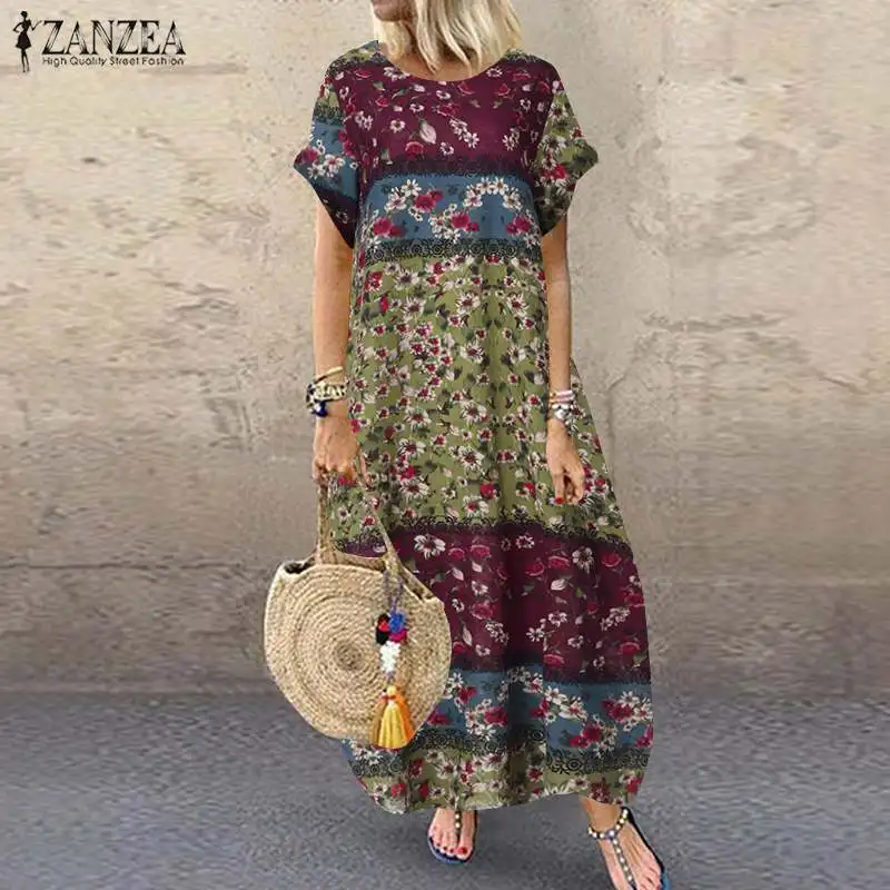 2023 ZANZEA artystyczna letnia sukienka Maxi damska z nadrukiem Sundress Casual krótki rękaw Vestido damska pościel suknia w kwiaty oversize