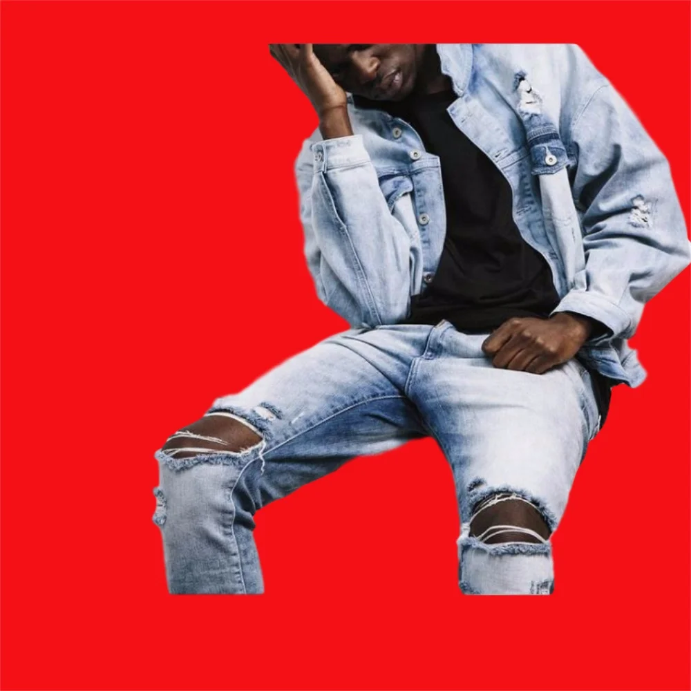 EH·MD® Ripped Knee Jeans Men's Hole Pocket Cotton High-Stretch Skinny Pencil Pants Breathable Thin Comfortable Solid Color 2020