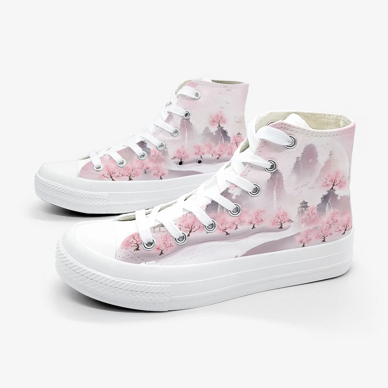 Amy and Michael Original Design New Fashion Women Canvas Sneakers Chinoiserie Landscape Hand Painted Woman Vulcanize Shoes