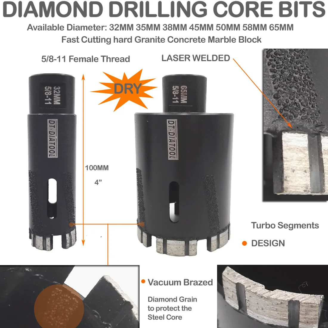 DT-DIATOOL 1 st Diamant Droog Boren Core Bit Graniet Marmer Boor Natuursteen Gatenzaag M14 of 5/8-11 Draad Laser Gelast