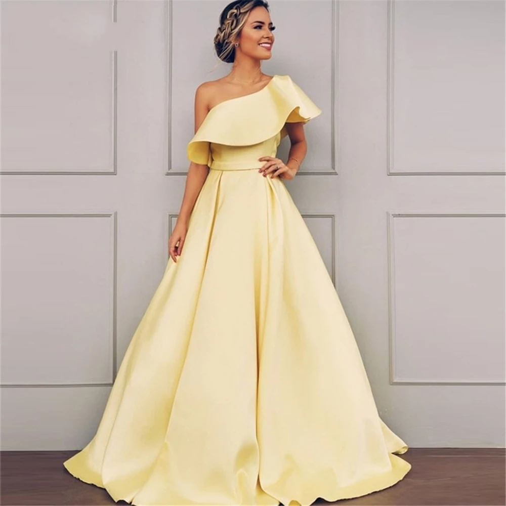 Elegant One Shoulder Ruched Yellow Evening Dress 2020 Satin Belt Fashion Prom Party Dress Zip Formal Gown Long robe de soriee