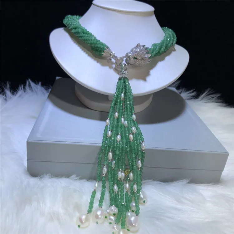 12 Strands 4mm Faceted Round Green Agates Tassel CZ Pave Pendant Long Necklace