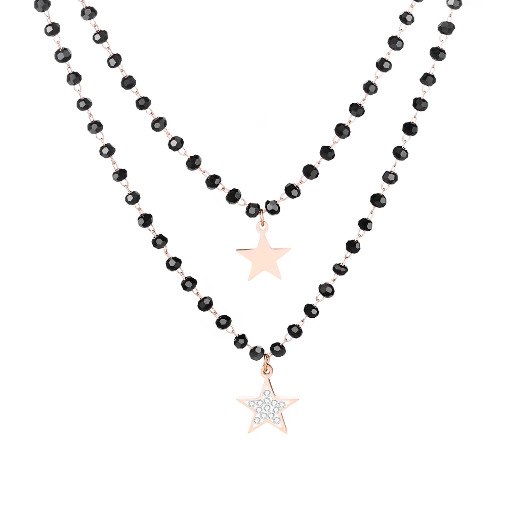 Fashion Double Layer Black Crystal Beads Necklace For Women Stainless Steel Star Choker Necklace Women's Jewelry femme Bijoux