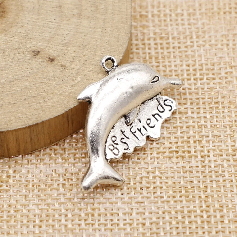 free shipping 23pcs 21x35mm antique silver Best Frineds Dolphin charms diy retro jewelry fit Earring keychain hair card pendant