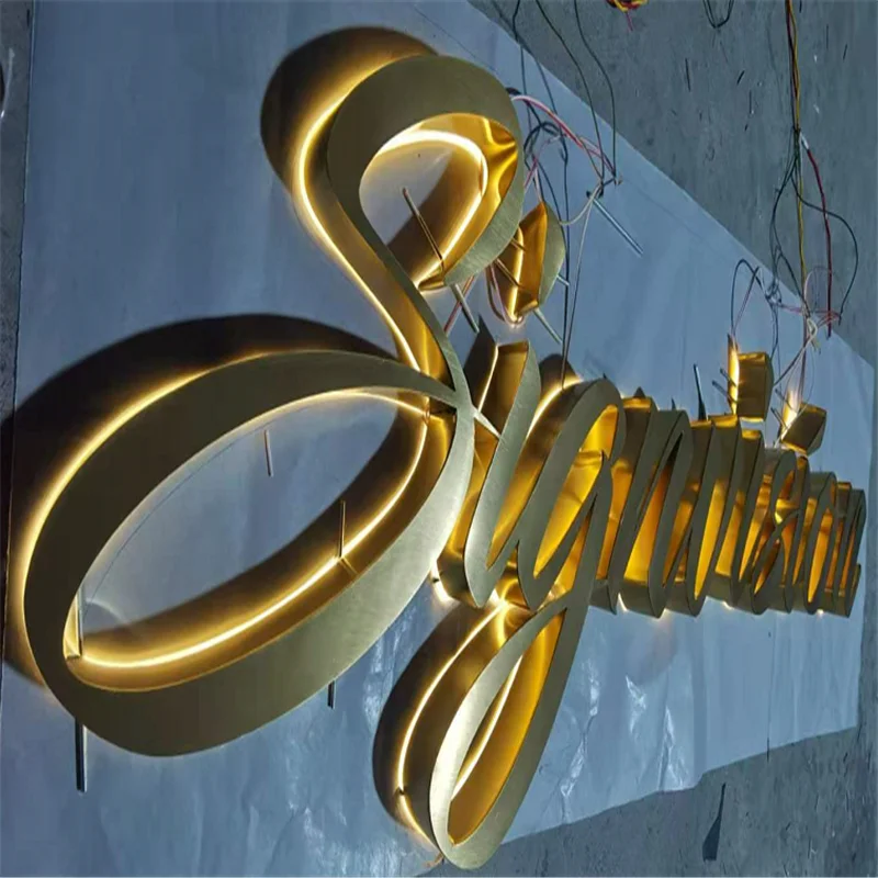 Espelho dourado personalizado polido escovado aço inoxidável retroiluminado sinal de letra LED, logotipo de negócios de loja iluminada traseira sinal LED