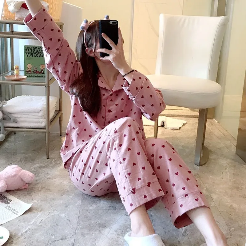 Pajama Sets Spring Autumn Basic Soft Kawaii Print Ulzzang Fashion Ladies Sleepwear College Oversize Popular Femme Homewear Chic