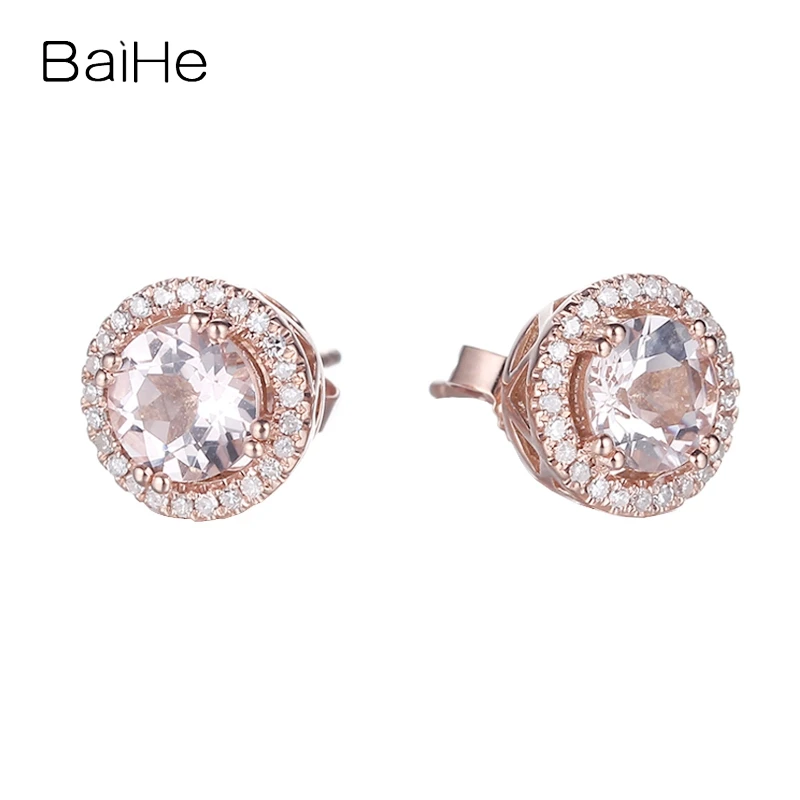 

BAIHE Real Solid 10K Rose Gold Morganite Stud Earrings Wedding Engagement Fine Jewelry Round Stud Earrings Women Man Eyrnalokkar