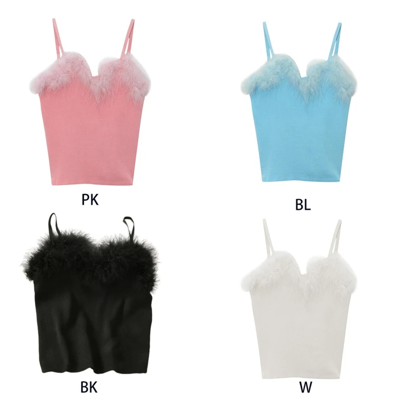 Womens Sexy Faux Fur Feather Trim Camisole Knitting Spaghetti Strap Slim Tank Top Solid Color Fluffy Baselayer Sleeveless New