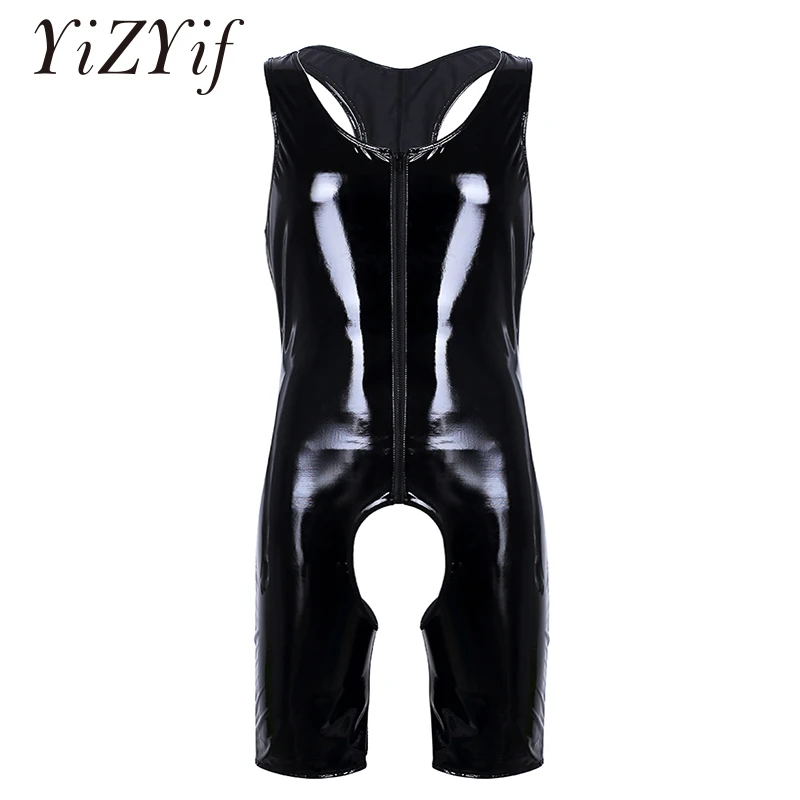 

Sexy Mens Singlet Wetlook Patent Leather One-piece Sleeveless Front Zipper Crotchless Singlet Boxer Leotard Bodysuit Underwear