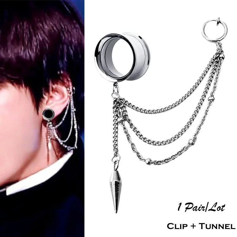 

1 Pair Ear Plugs Tunnels Surgical Steel and 1 Pair Ear Clip Ear Cuff Chain Dangle Ear Stretcher Punk Ring Ear Reamer Expansiones