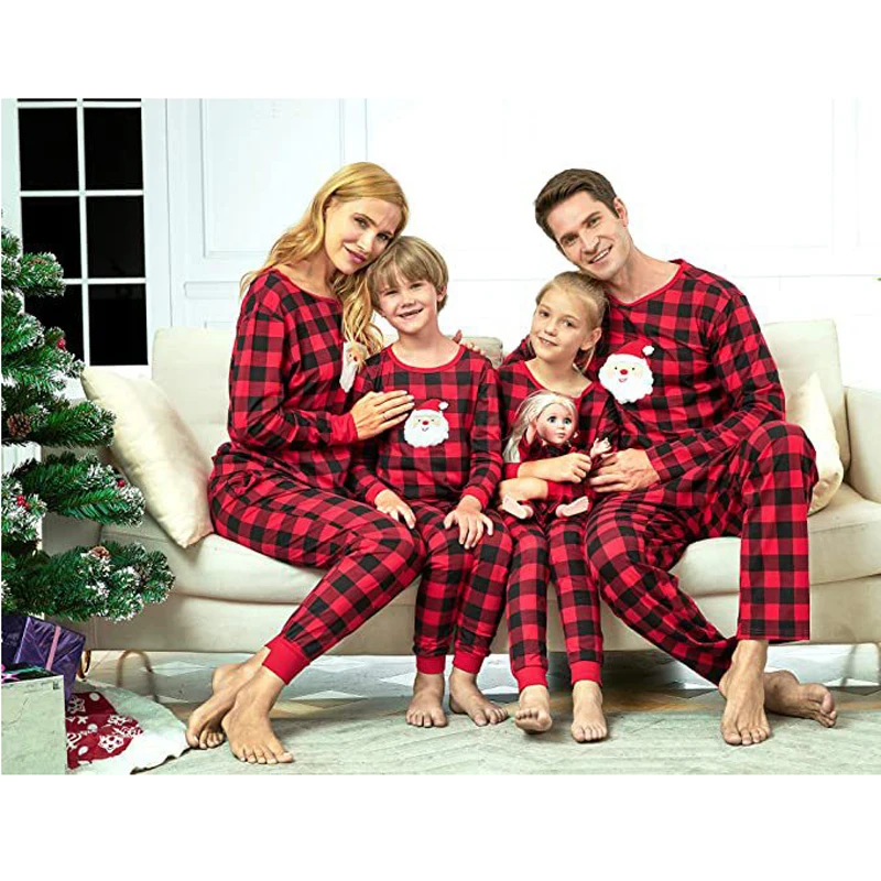 Santa Claus Pajamas Christmas Family Matching Costumes Plaid Print Full Sleeve Homewear for Mom and Daughter Dad Baby Romper