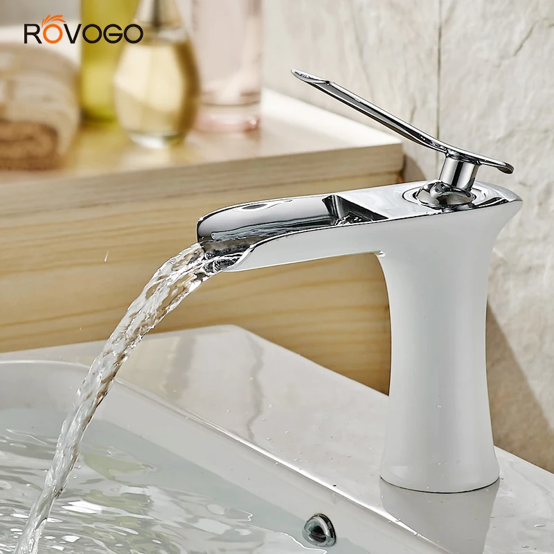 

ROVOGO Single Handle Bathroom Vanity Sink Faucet Waterfall Deck Mount, White Lavatory Washbasin Taps Cold Hot Mixer Crane Brass