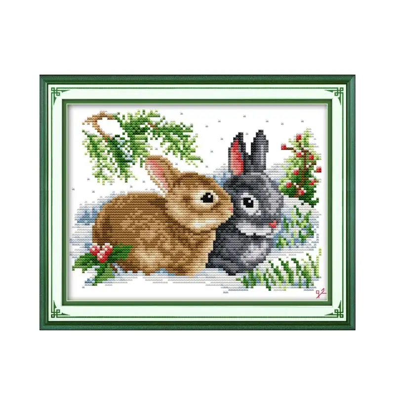 Fortunato Conigli Cross-Stitch Kit Amanti Degli Animali Aida 14ct Stampato 11ct Count Tessuto Della Tela di Canapa Cuciture Fai da Te Cucito a Mano