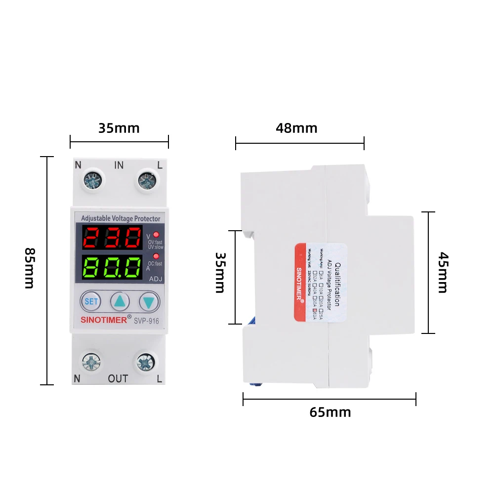 Heavy Duty 110V 230V AC Home Usage Dual Display Adjustable Over Under Voltage Surge Protector Relay with Over Current Protection