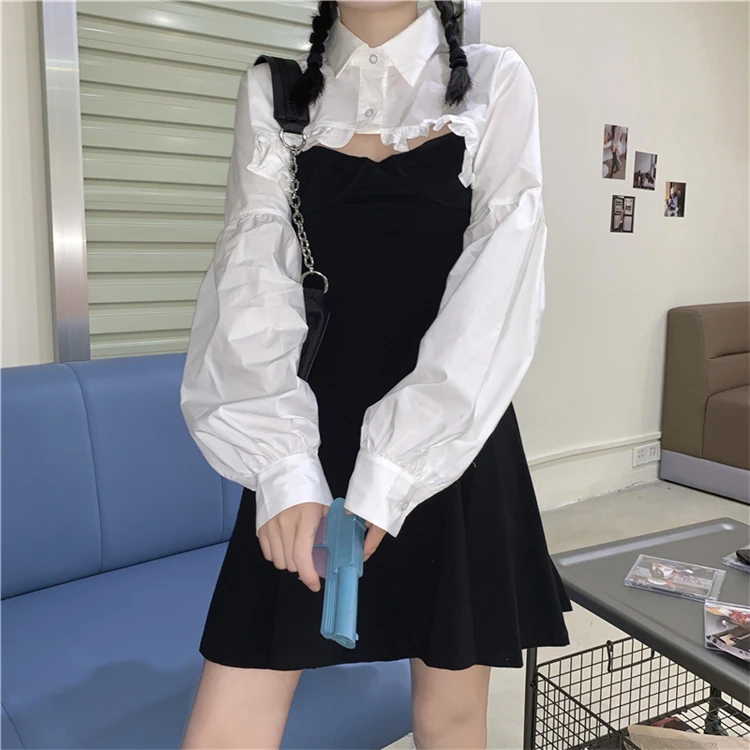 Korean Autumn New Suit Sweet Ruffled Vintage Puff Sleeve Short Design Tops Sleeveless Solid Color Sling Dresses Two-Piece Suit