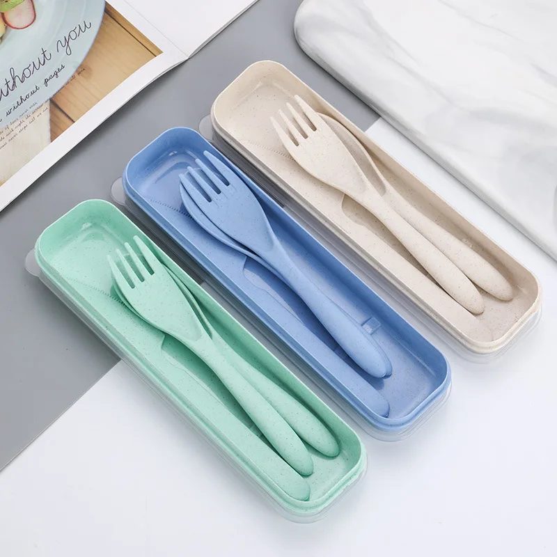 3 Pcs/Set Travel Picnic Dinnerware Portable Boxed Tableware Set Eco Friendly Knife Fork Spoon Wheat Straw Student Cutlery Set