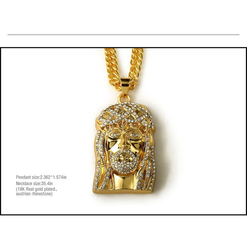 Hip Hop Rapper Bling Iced Out Rhinestones Cool 3D Jesus Head Face Cross Piece Pendants Necklaces Chain Men Women Jewelry