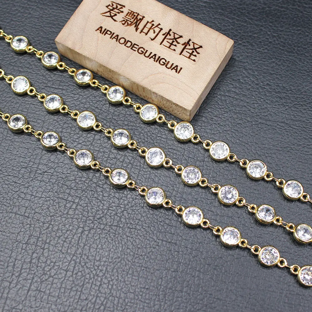 APDGG  1 Meter Bezel Set 6mm Clear CZ Yellow Gold Plated Copper Fashion Chain Paperclip Neck Chain Pearl Jewelry Making DIY