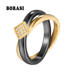 BORASI Double Cross Infinite Rings Classic White Healthy Ceramic Rings Gold Color Stainless Steel Ring For Women Fashion Jewelry