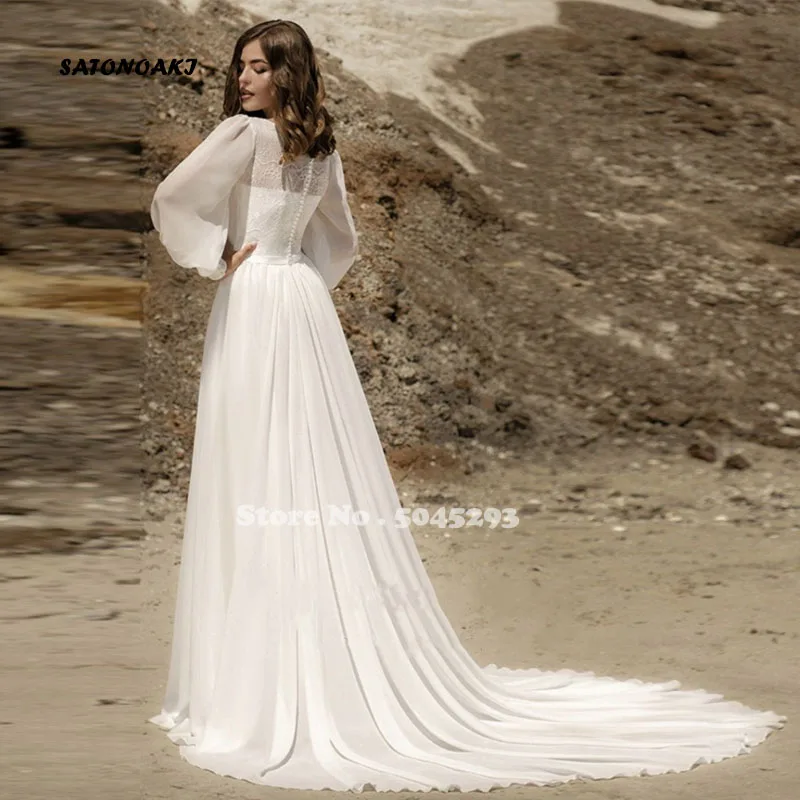 Vestido De Novia Boho Een Lijn Lange Mouwen Trouwjurken 2021 Chiffon Hoge Hals Kant Applique Voor Vrouwen Sweep Trein gewaad Mariee