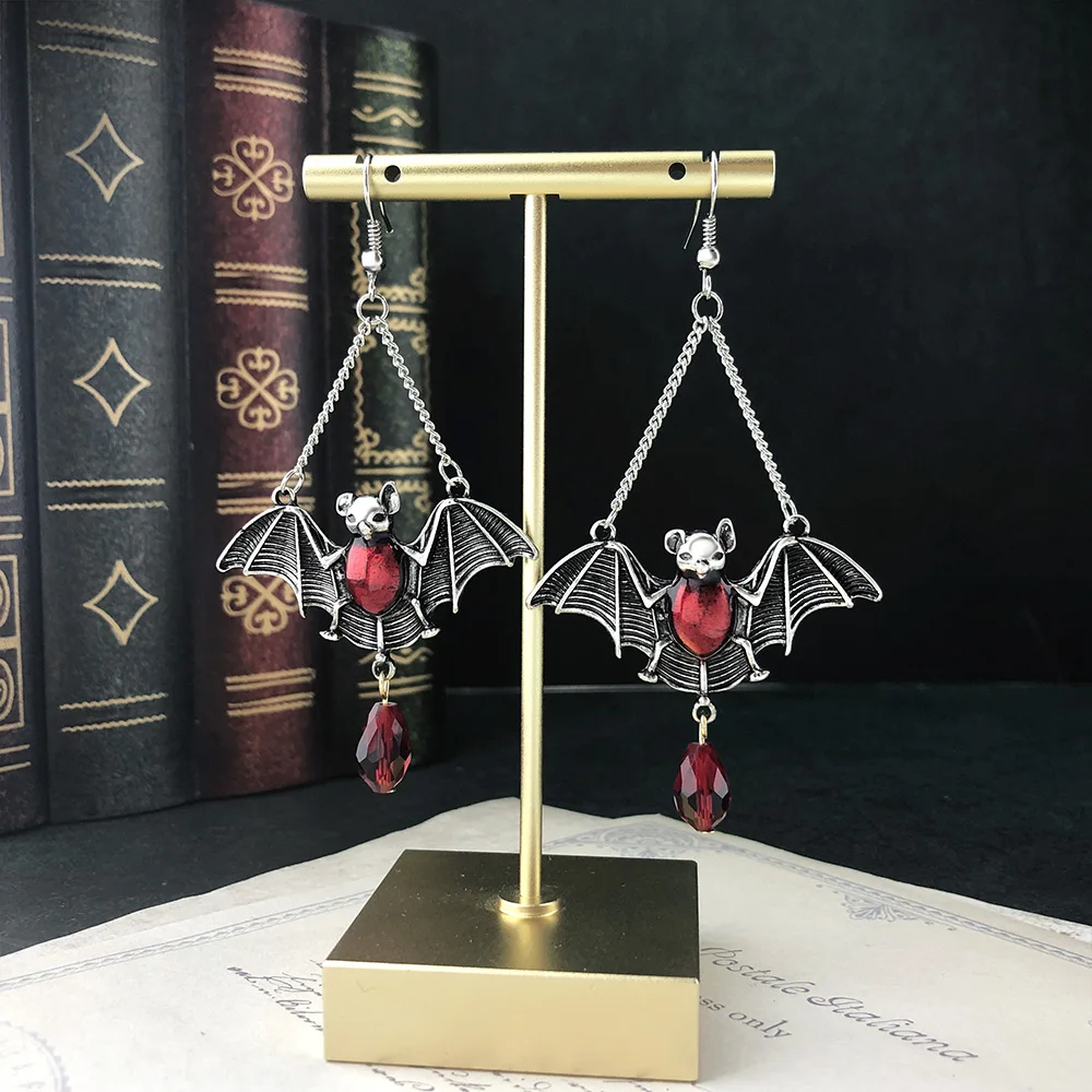 Dark Gothic Drop Earrings For Women Exaggerated Red Vampire Bat Red Blood Waterdrop Glass Crystal Men's Earing Wholesale Jewelry