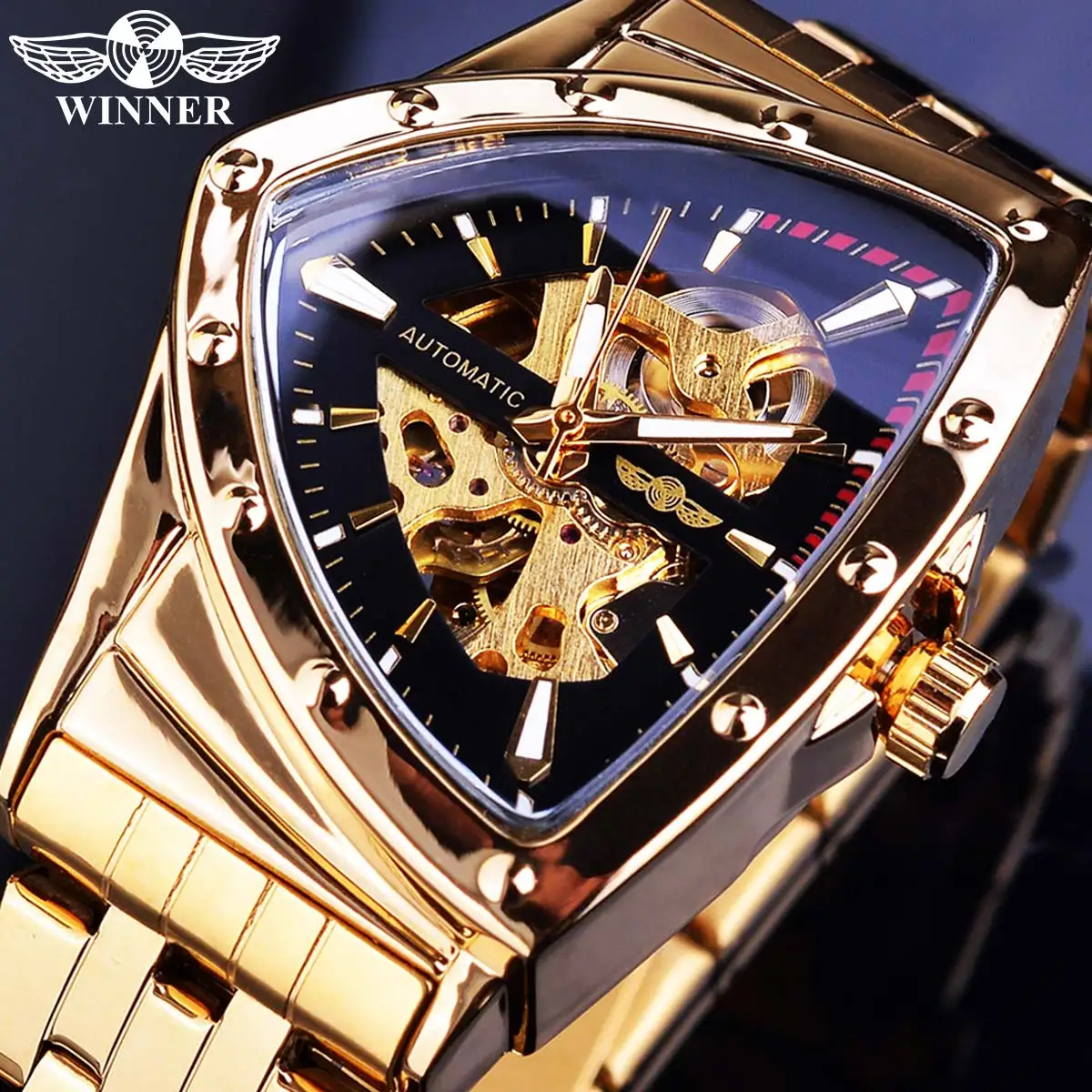 Winner Black Dial Wristwatch Men\'s Triangle Mechanical Watches Transparent Irregular Outdoor Watch Golden Punk Style Male Clock