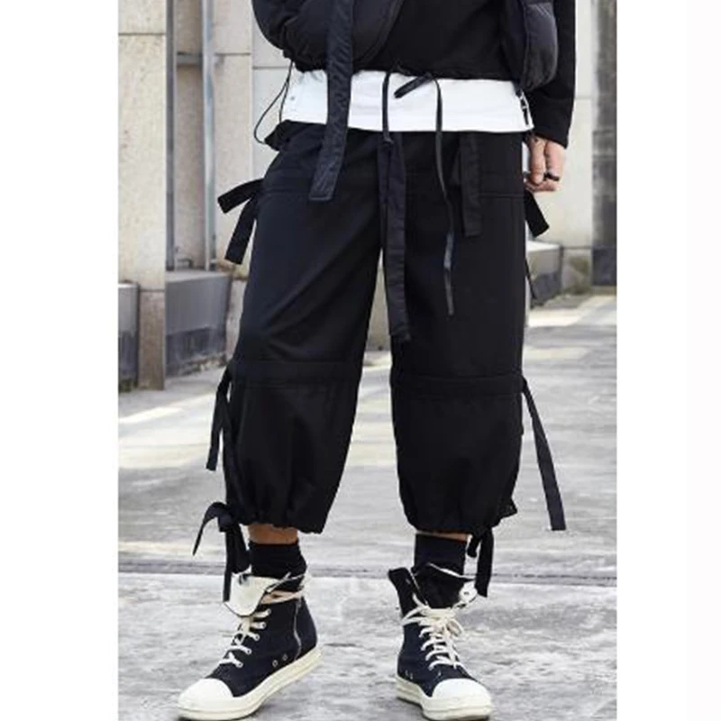 

Men's pants spring/summer black satin patchwork slacks men's street shorts hip-hop punk Gothic sweatpants Yamamoto style