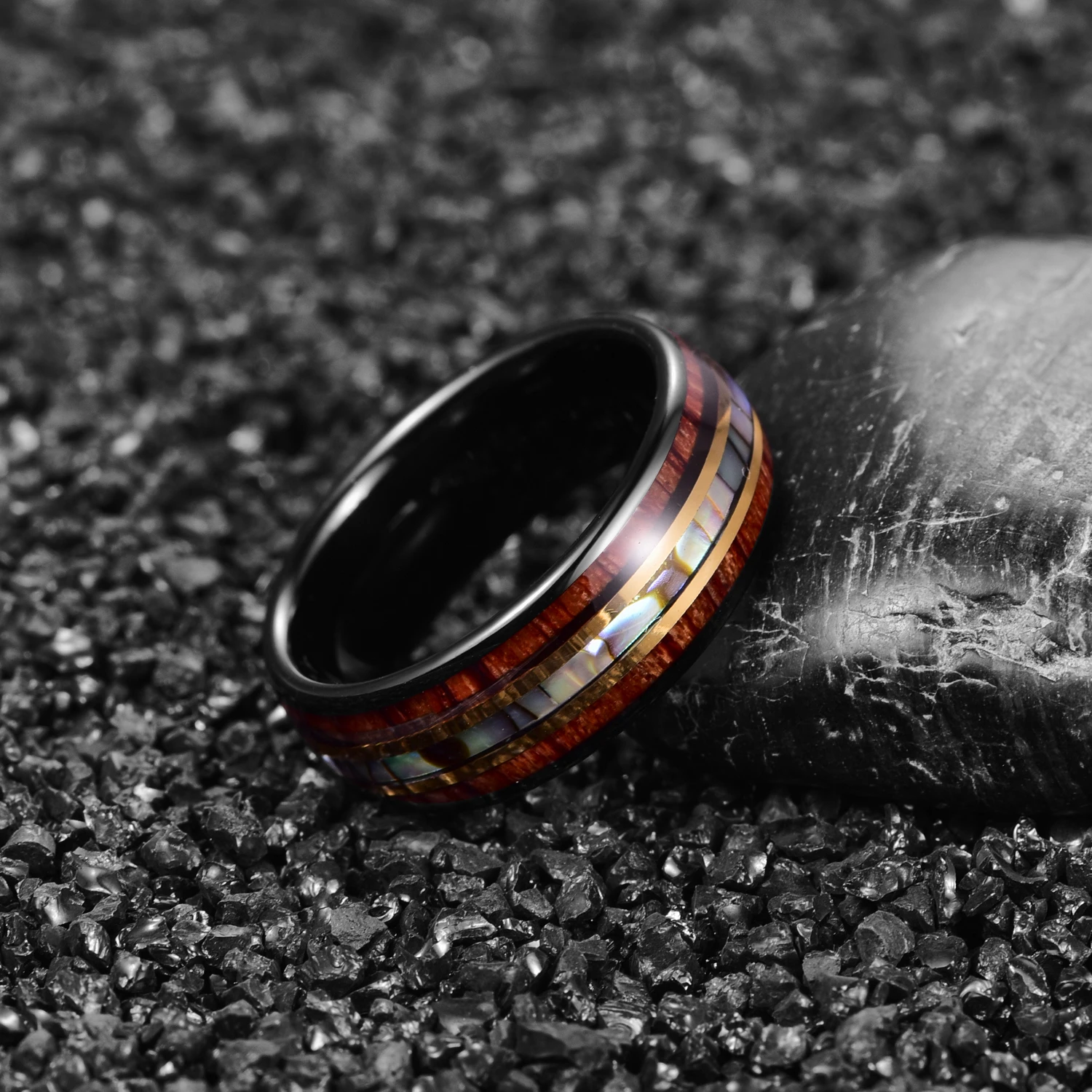 BONLAVIE 8mm Black Gold Inlaid Wood Grain Abalone Shell Tungsten Carbide Men's Ring Fashion Wedding Jewelry
