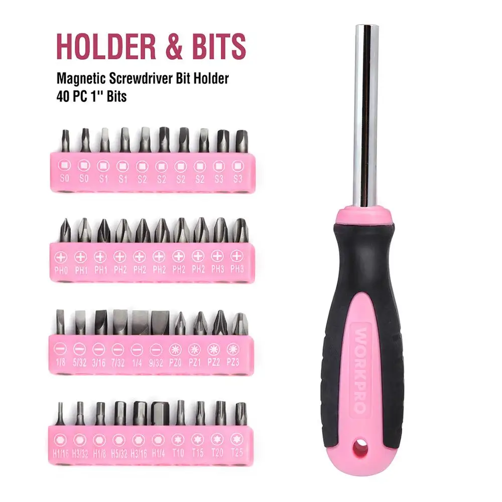 WORKPRO 103 PCS Pink Tool Set Ladies Hand Tool Set with Easy Carrying Pouch Home Tool Set for DIY Home Maintenance
