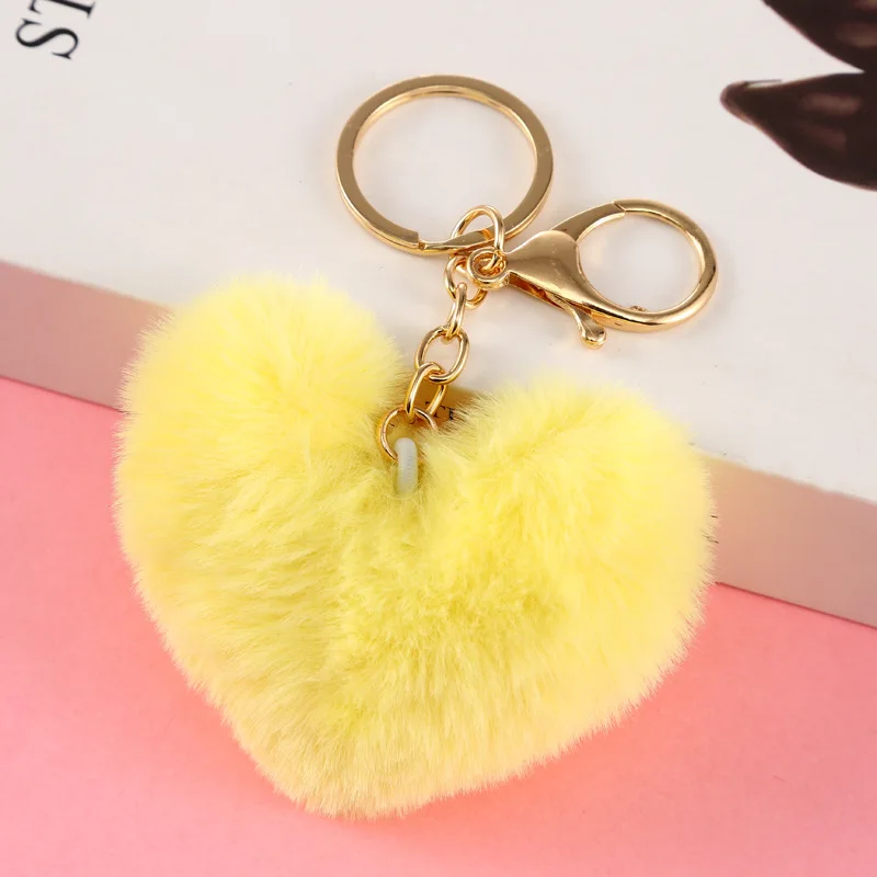 Cute Love Heart Pom Pom Pompon Keychain Loverly Bobbles Fluffy Pompom Key Chain Keyring For Girl Bag Cars Key Pendant