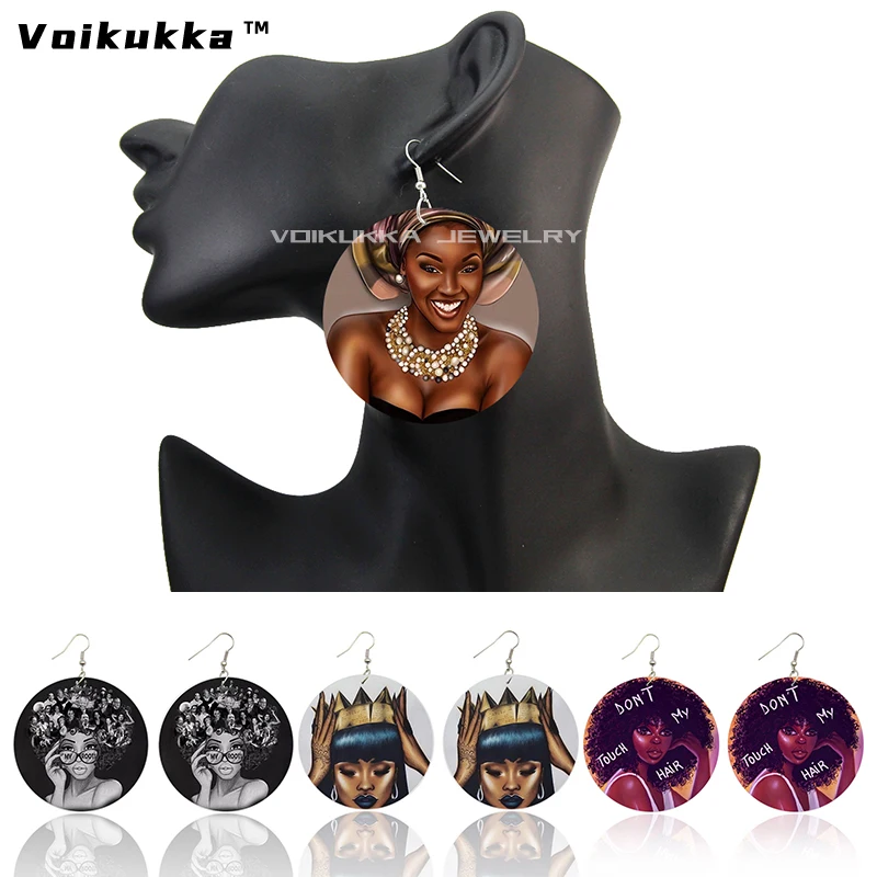 Voikukka Jewelry African Women Art Pattern Wooden Round Pendant Double-sided Printing Drop Earrings Accessories Wholesale