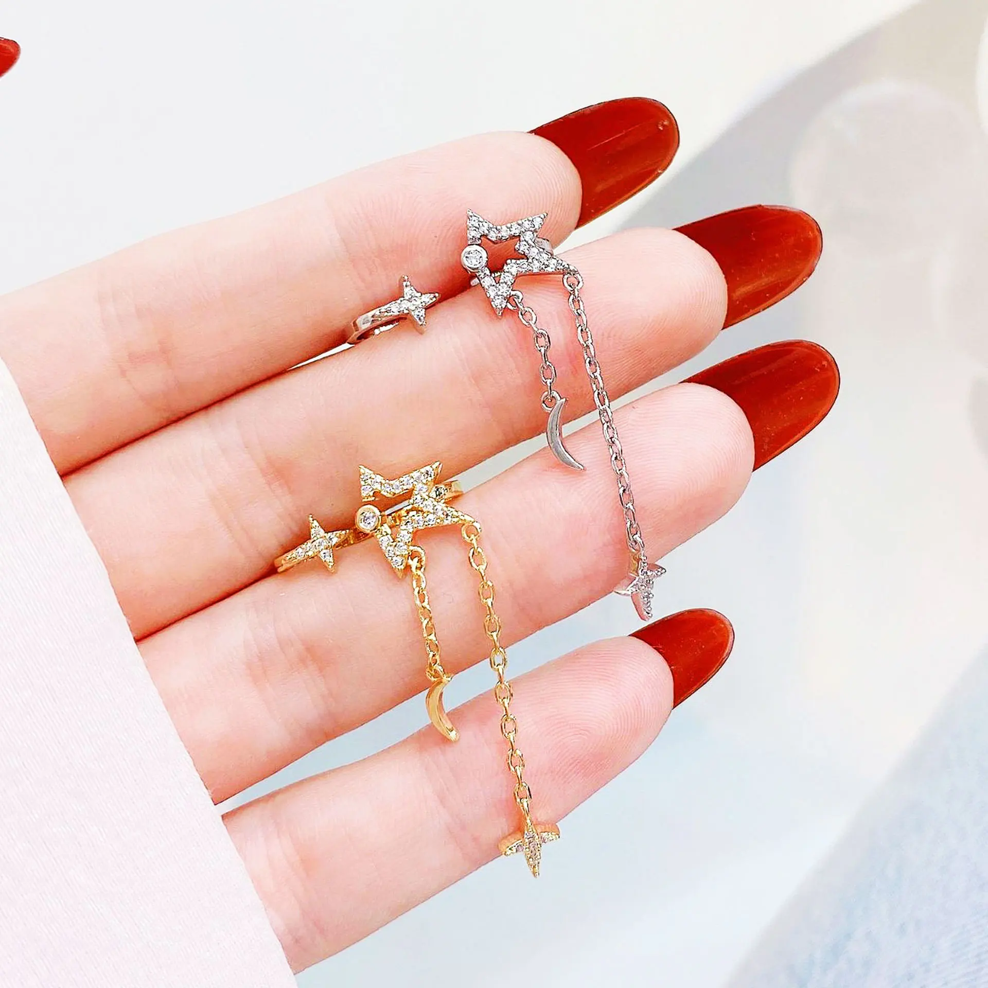 

JUWANG Non Pierced Earrings Micro Inlaid Zircon Tassels Stars Moon Luxury Earrings Exquisite for Women Fashion Romantic Jewelry