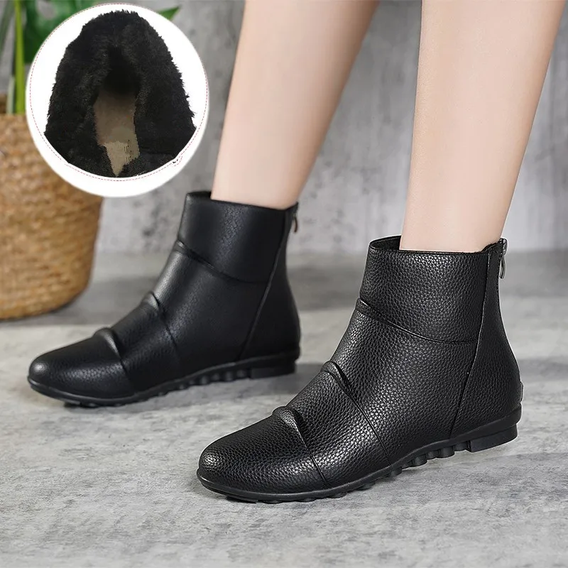 Women Winter Shoes Woman Genuine Leather Ankle Boots Women Warm Non-Slip Black Brown Women Boots Mother Flats Casual Shoe