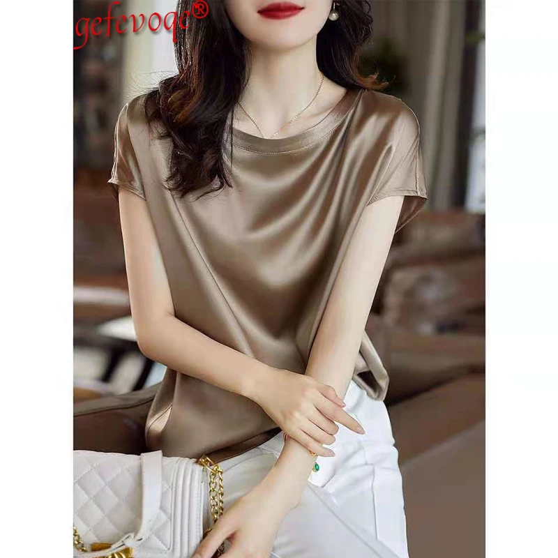 Satin Thin Blouses 2021 Women Summer Fashion Clothing Elegant Solid Office Lady Tops Short Sleeve O Neck Basic Tees T-shirt