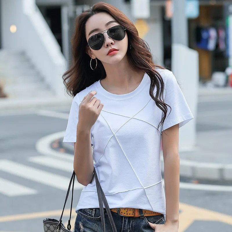 Women's Summer New Short Sleeve Tops O Neck Casual Basic Tees Femme Solid Bright Line Decoration Fashion Korean T Shirts Female