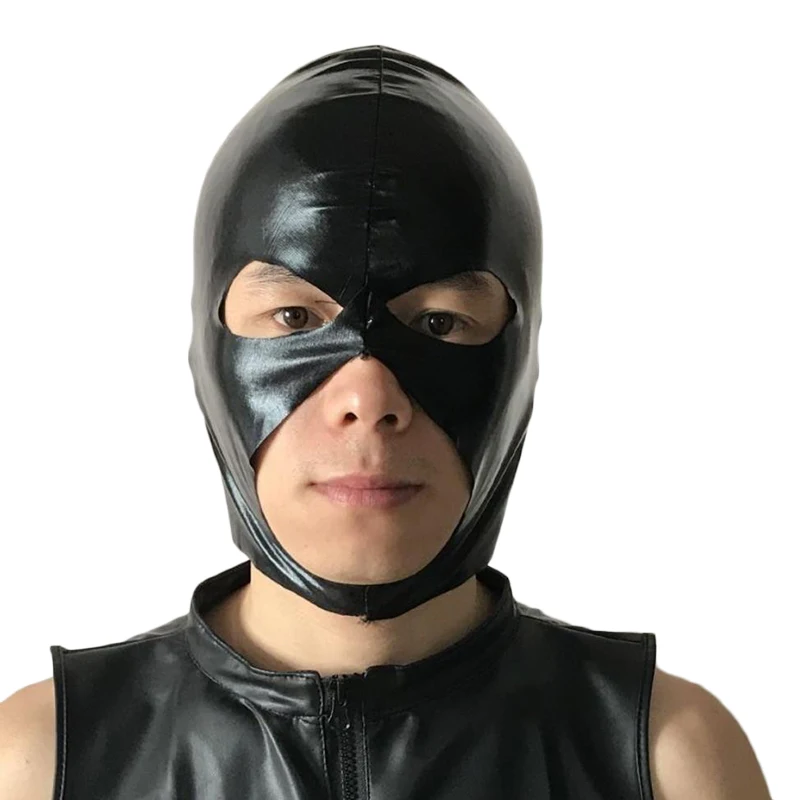 PVC Black Mask Full Head Hood Cosplay Costume Party 3 Holes Artificial Leather Hot Wet Look Spandex